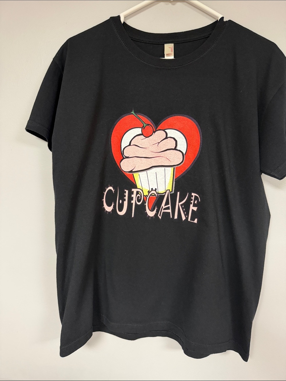 Anvil Black Short Sleeve Tee HEART & CUPCAKE Graphic with a Cherry on top! L